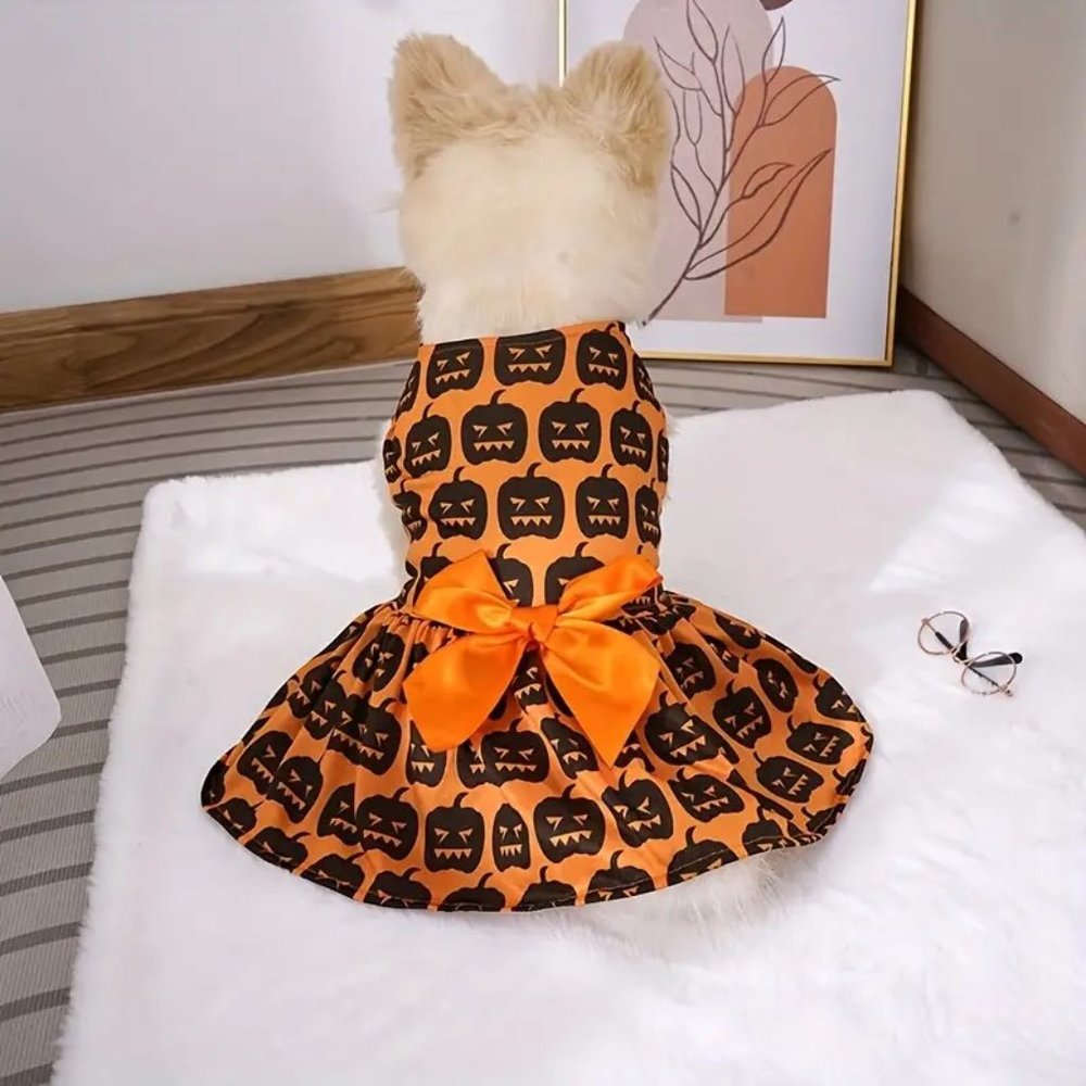 Dog Halloween Outfit Dress Pet Cat Pumpkin Jack O Lantern Bow Lightweight Cute